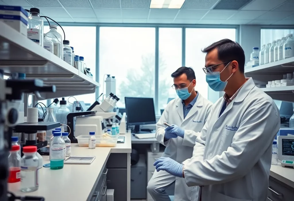 Researchers in a lab working on cancer treatment development
