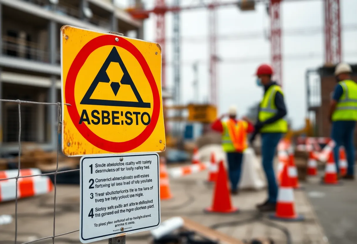 Construction site focused on safety protocols with asbestos warning signs.