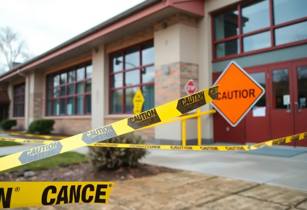 School building with safety warning signs about asbestos