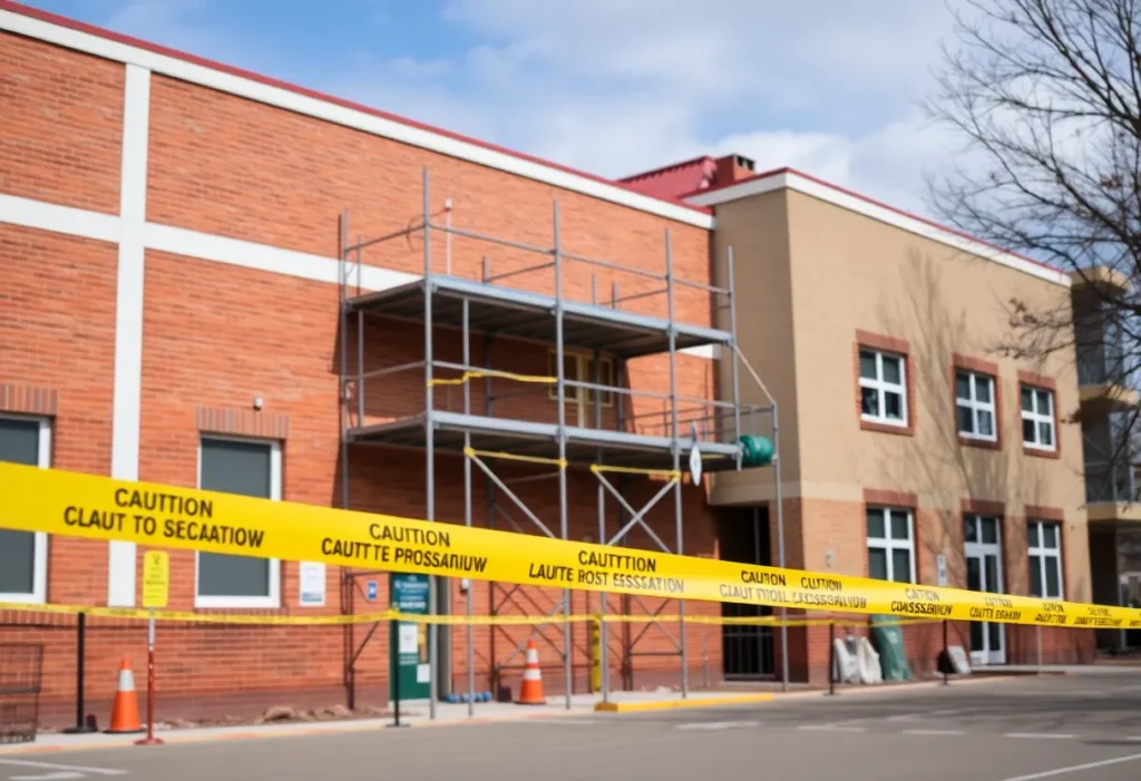 Construction site of Williamsport High School with warning signs