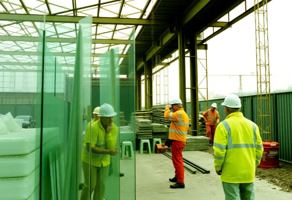 Workers at a construction site handling materials in the 1970s.