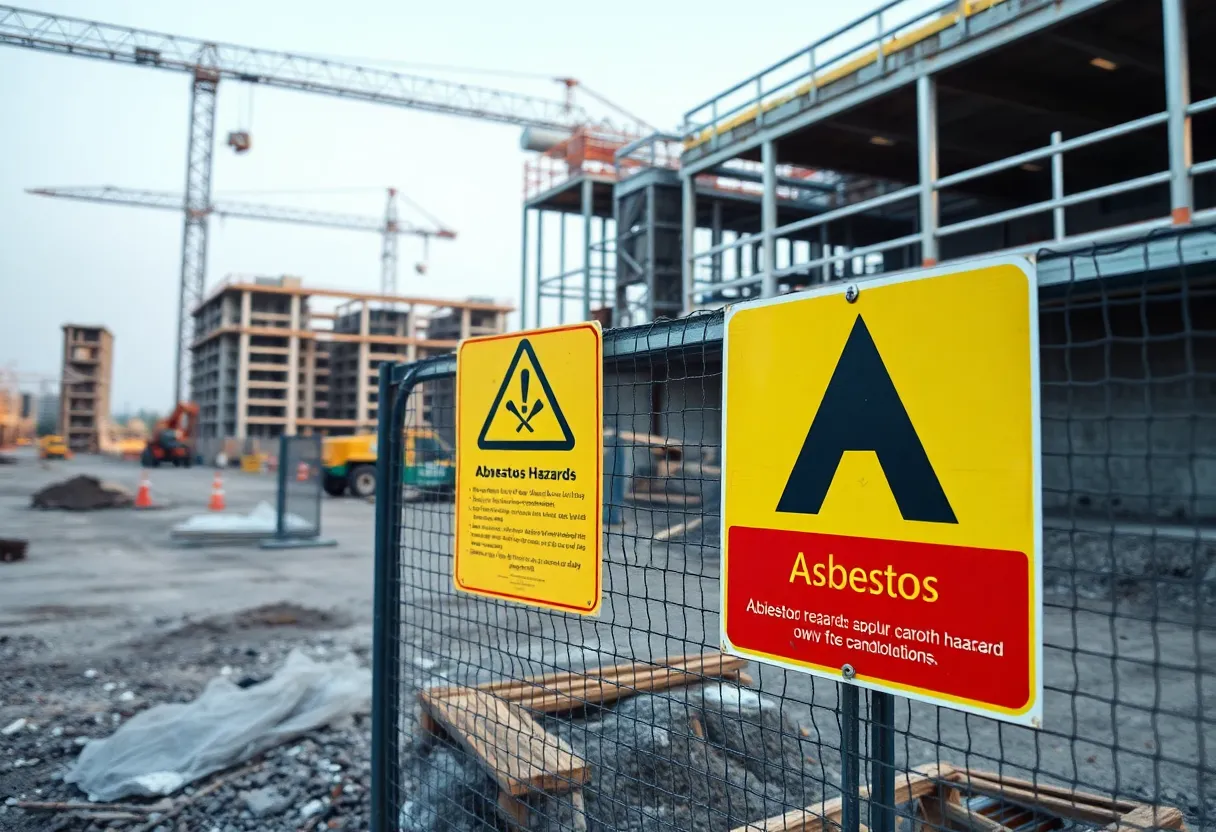 Warning signs about asbestos exposure at a construction site