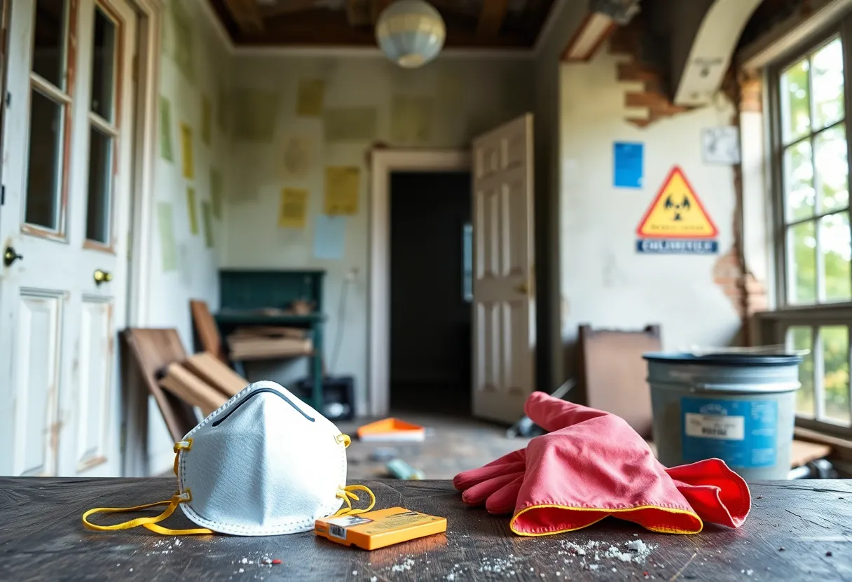 Old house renovation with safety equipment for hazardous material handling.