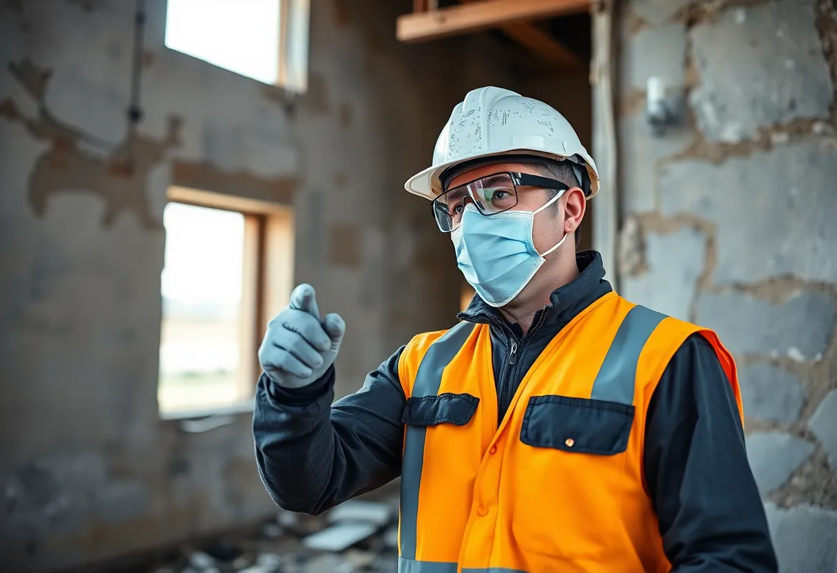 Construction site with a worker inspecting for asbestos hazards