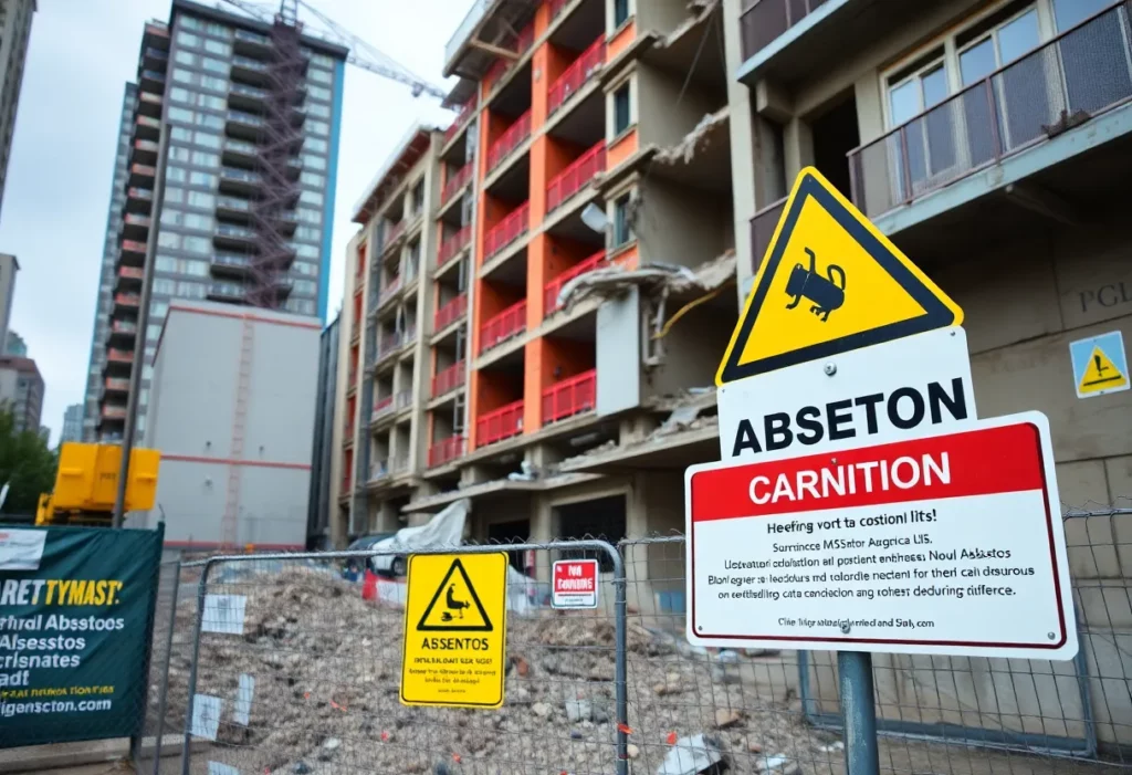 Construction site with asbestos warning signs and demolition activity.