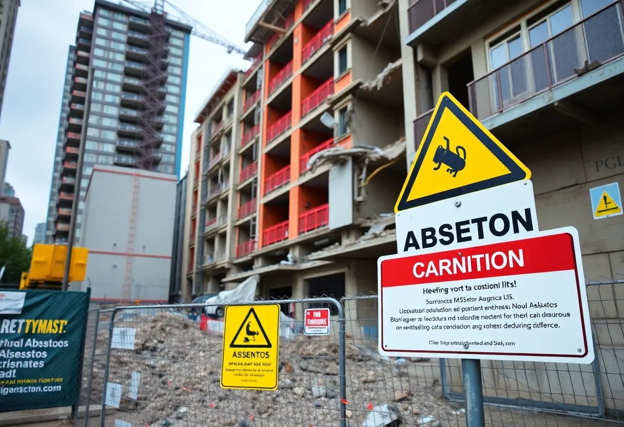 Construction site with asbestos warning signs and demolition activity.