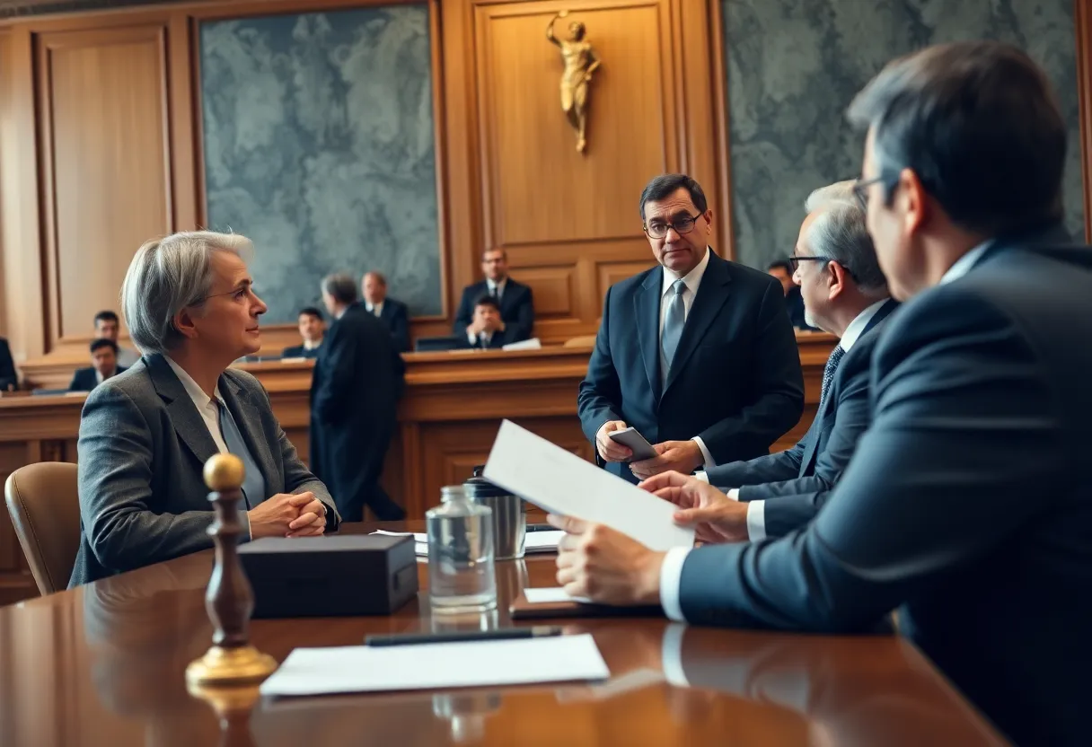 A courtroom scene depicting legal proceedings regarding asbestos lawsuits