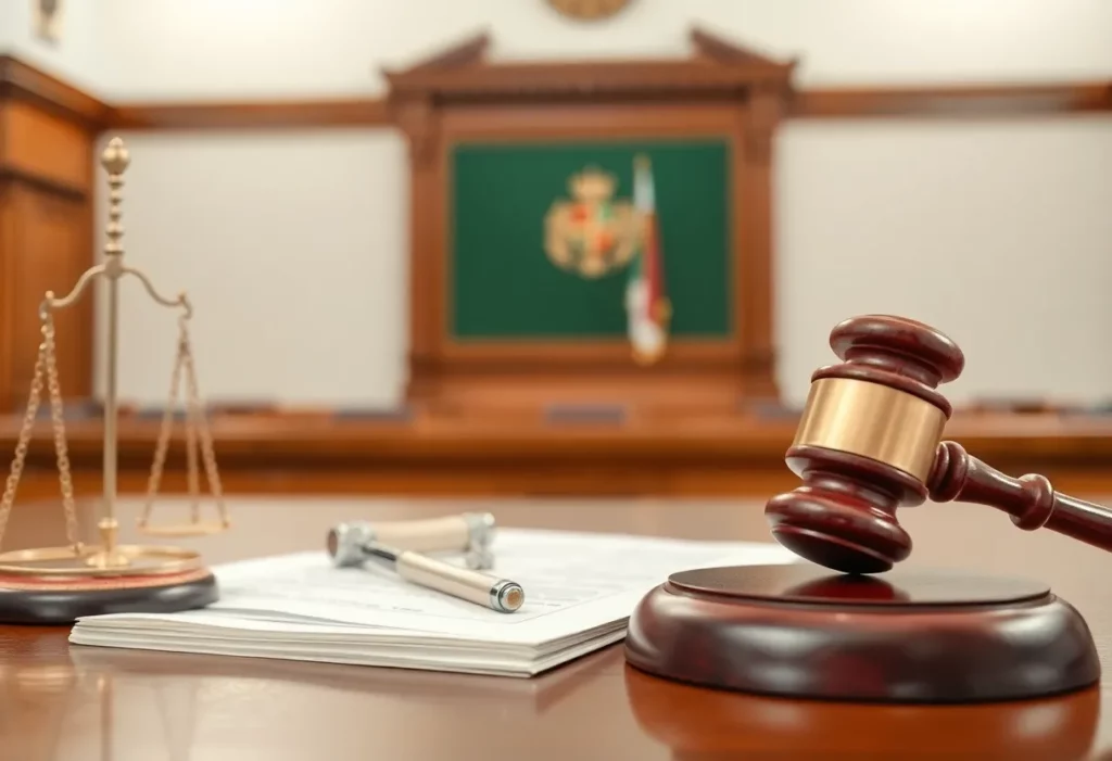 Courtroom interior with gavel and legal documents