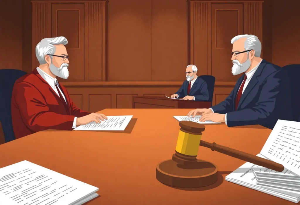 Courtroom scene depicting judges reviewing documents on worker safety and corporate responsibility