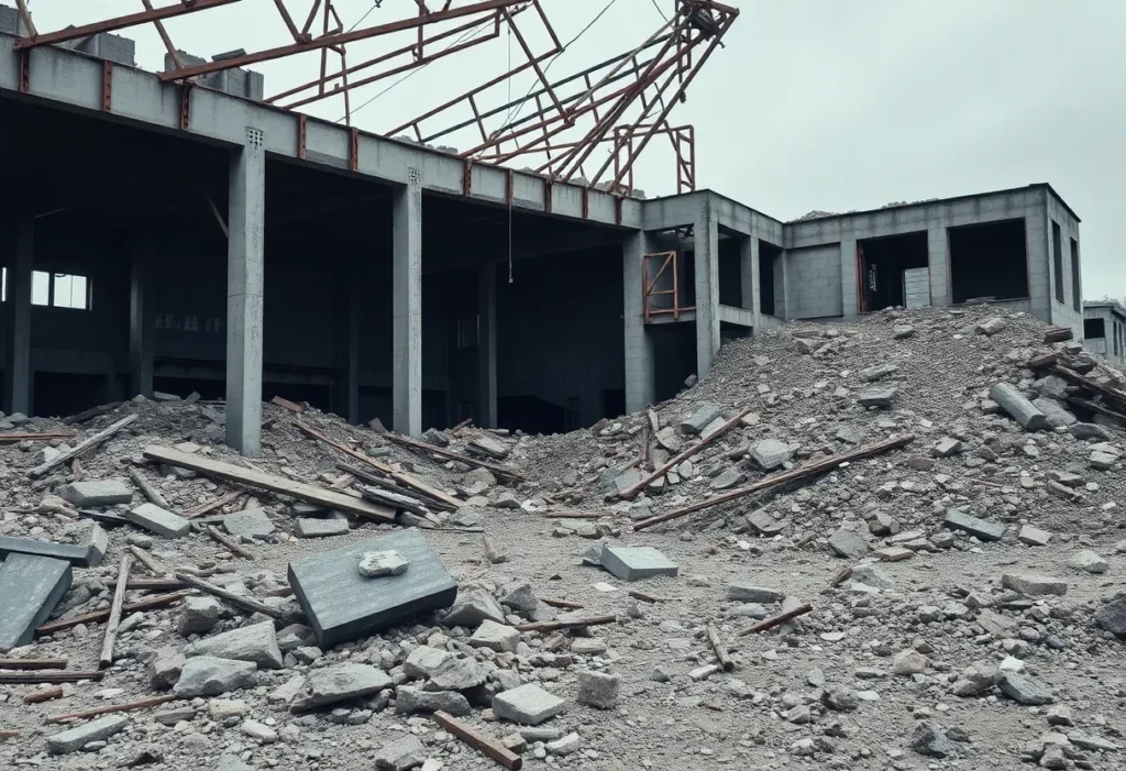 Abandoned demolition site highlighting safety concerns related to asbestos.