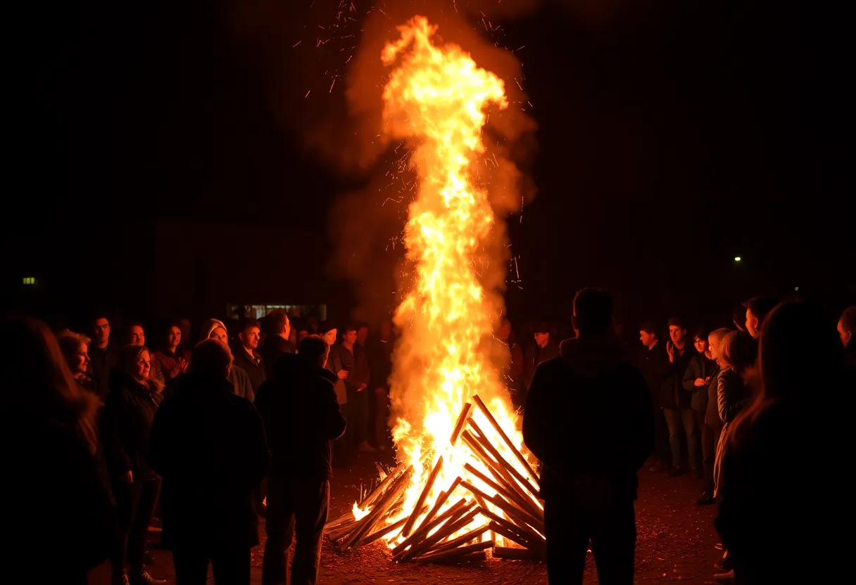 Community gathering around a bonfire during Eleventh Night celebrations.