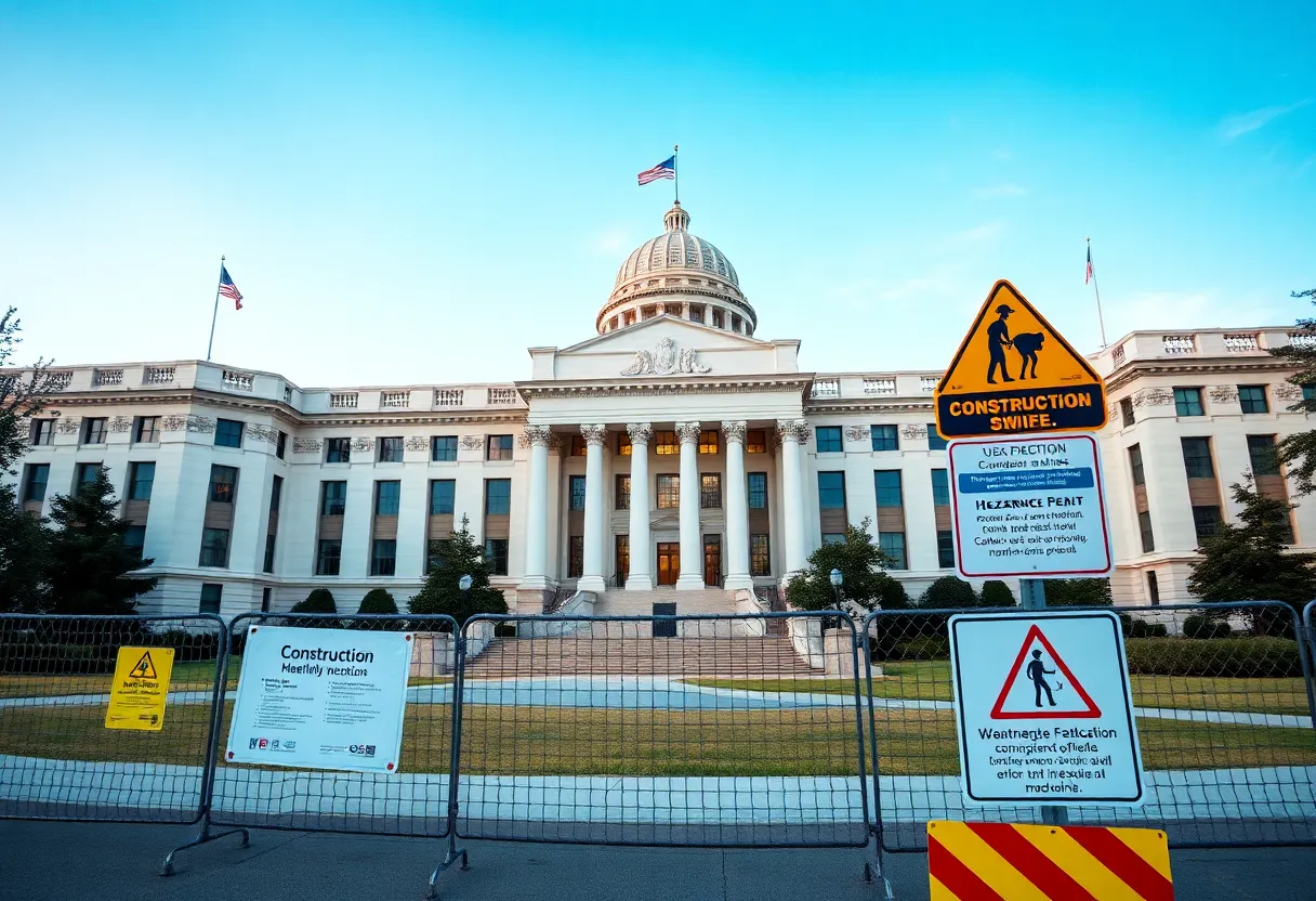 Image of a federal building with health and safety signage related to asbestos concerns.