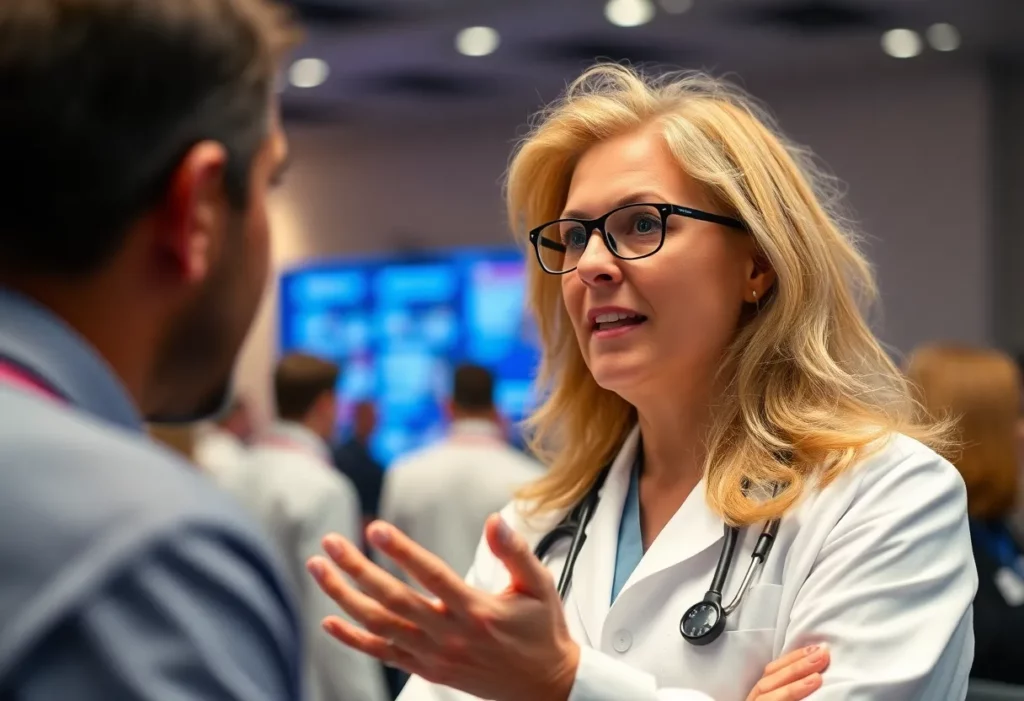 Healthcare professionals at a cancer research conference discussing immunotherapy breakthroughs.
