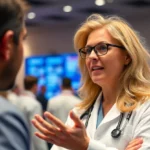 Healthcare professionals at a cancer research conference discussing immunotherapy breakthroughs.