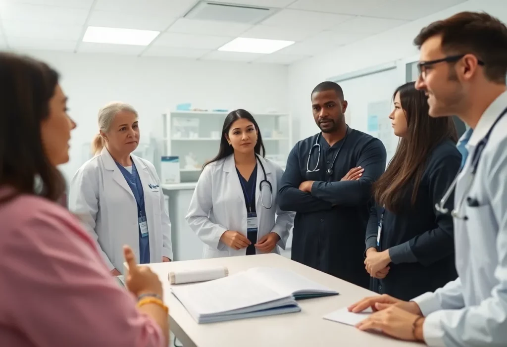 Healthcare professionals discussing cancer treatment innovations.