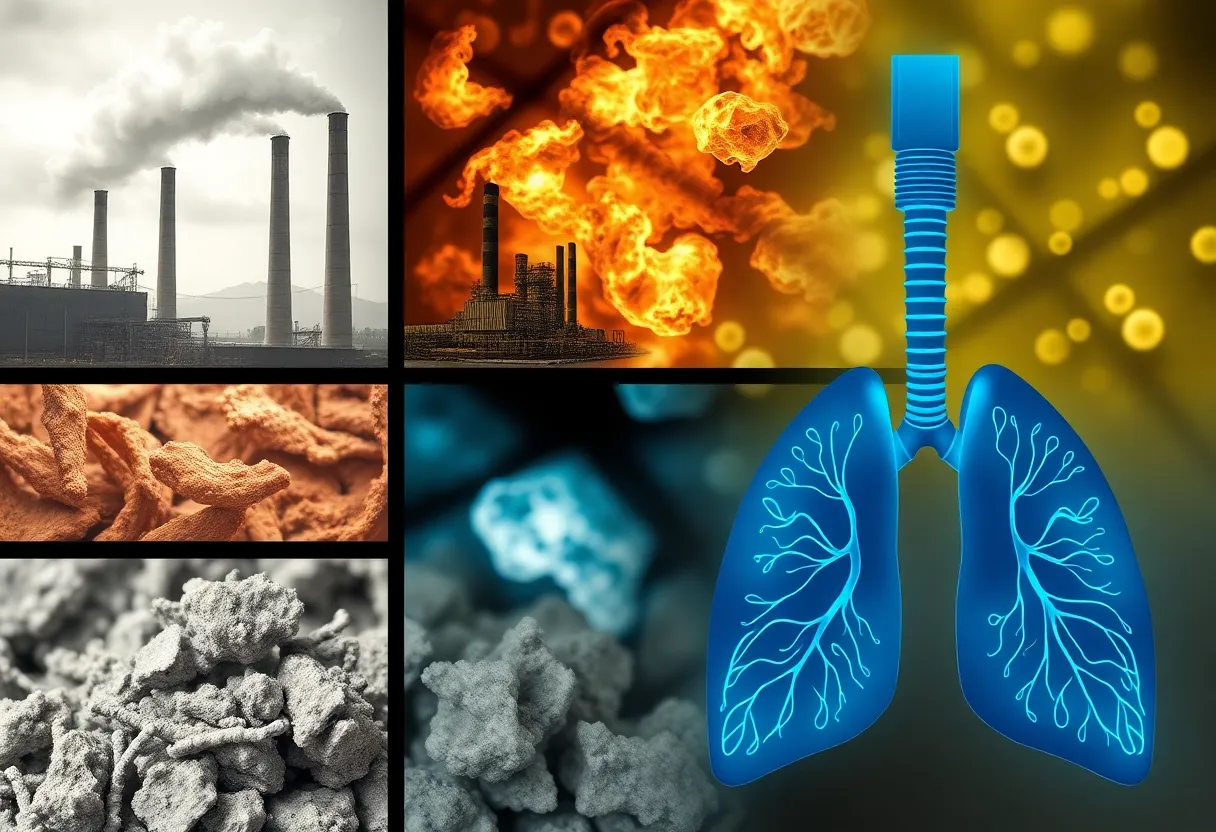 Collage of industrial environments and asbestos fibers symbolizing lung cancer risks.