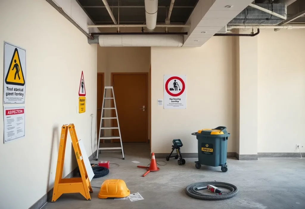 Construction site with safety signs regarding asbestos regulations.
