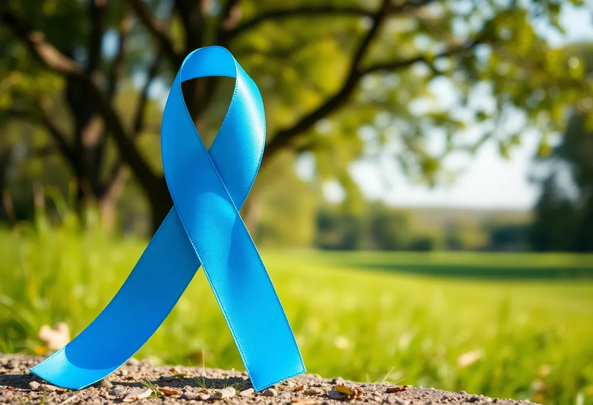 Symbol of mesothelioma awareness with a blue ribbon in nature