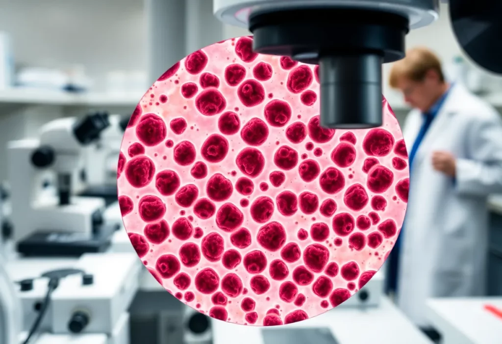 Microscopic view of mesothelioma cells with laboratory setting