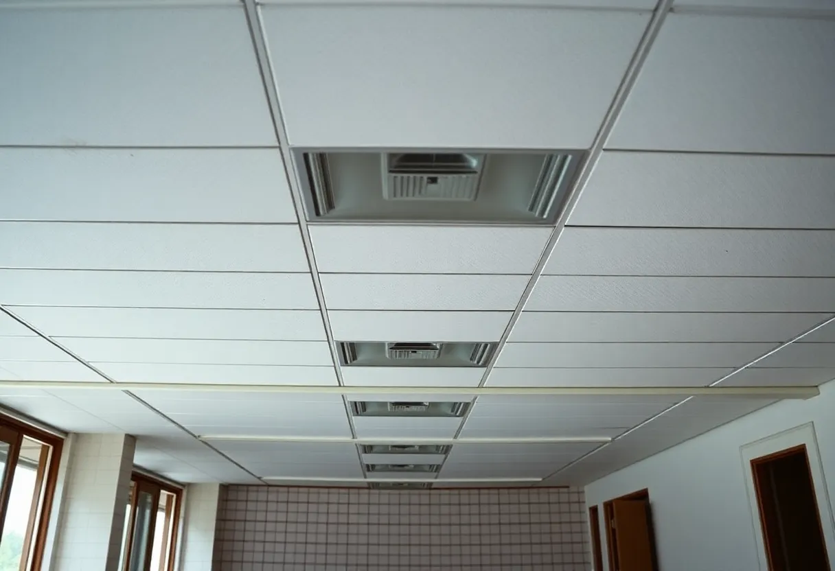 An office with a suspended ceiling typical of the 1970s, showing potential asbestos risk