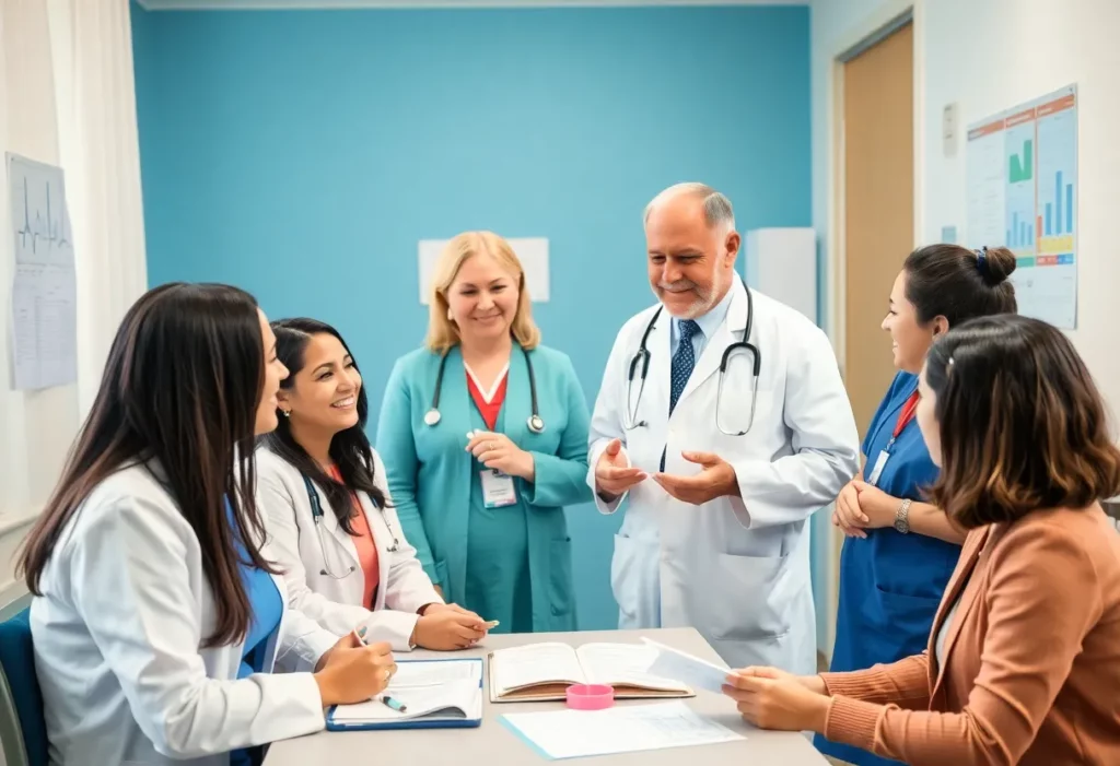 Healthcare professionals discussing cancer treatment options