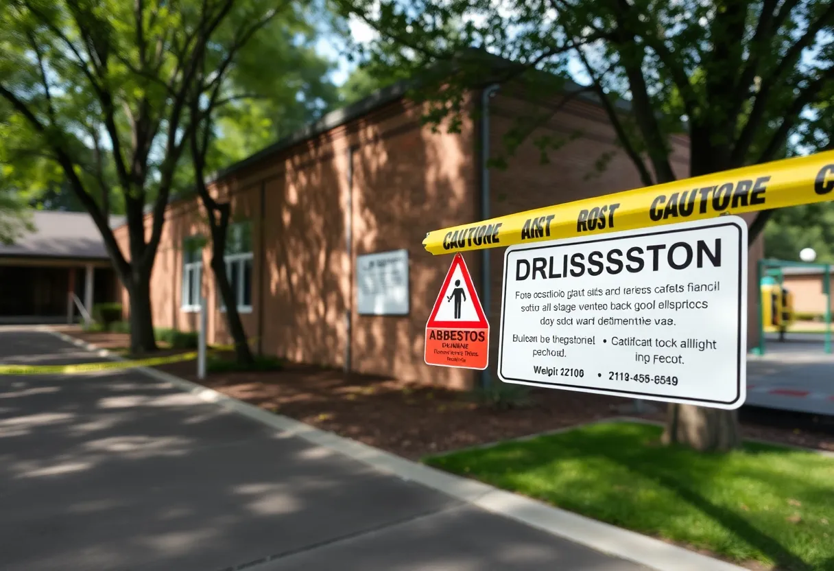 Warning signs about asbestos outside Roxbury Elementary School
