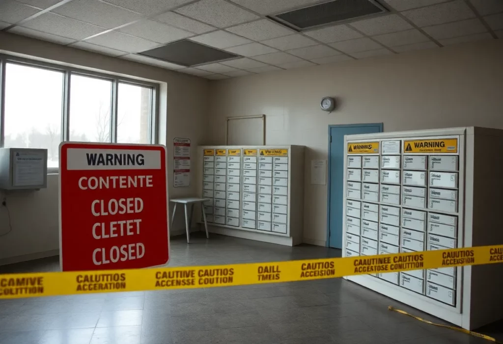 Closed post office with asbestos warning signs