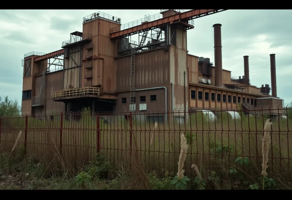 An abandoned industrial site with overgrown vegetation and a crumbling facade of the Turner Brothers factory.