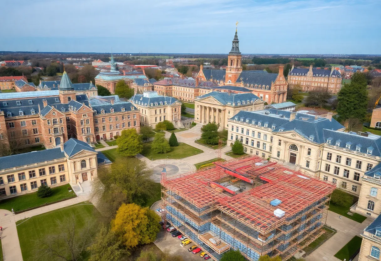 A view of Vanderbilt University showcasing Branscomb Quadrangle and construction areas.